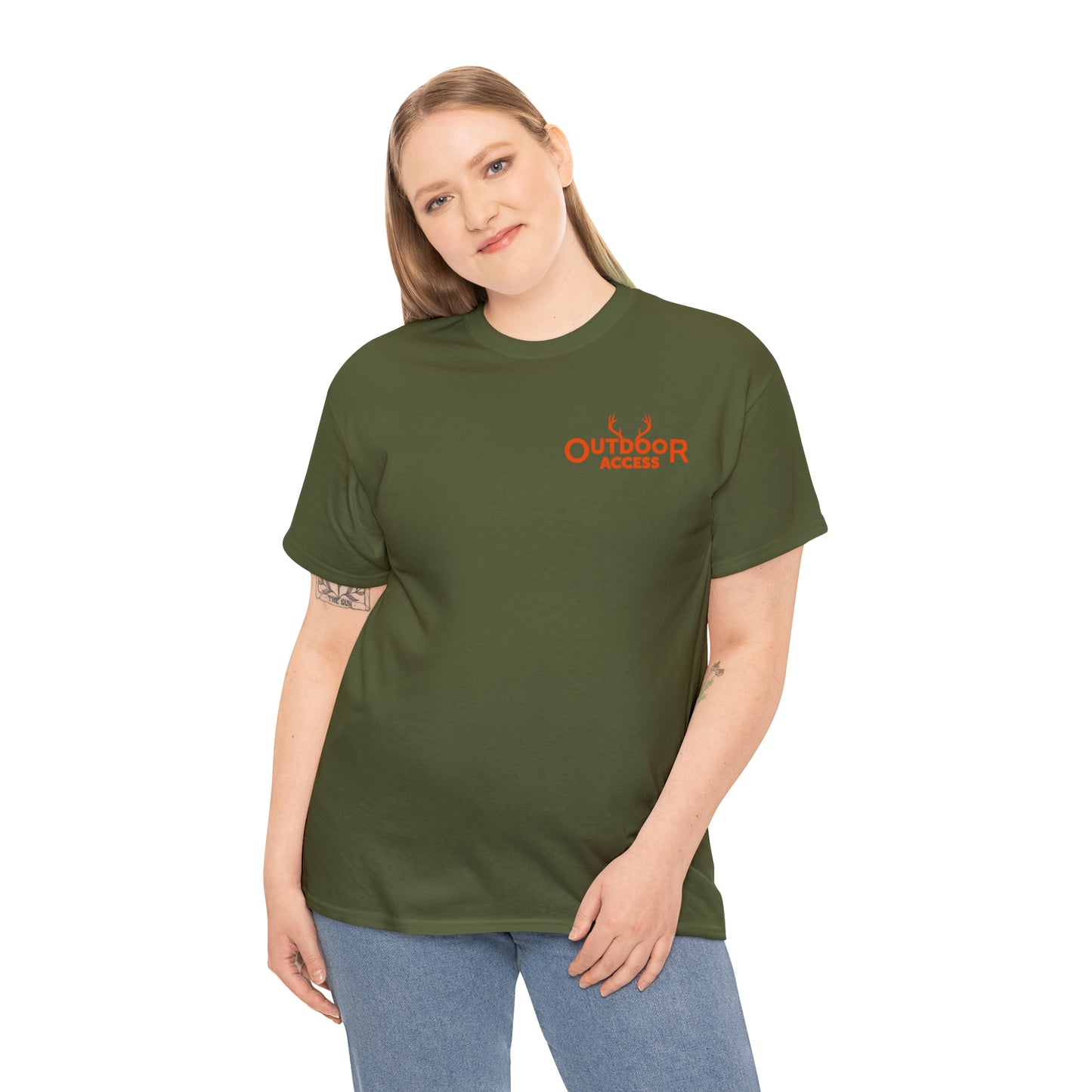 Unisex Heavy Cotton Tee with Outdoor Access logo printed in orange on front and back