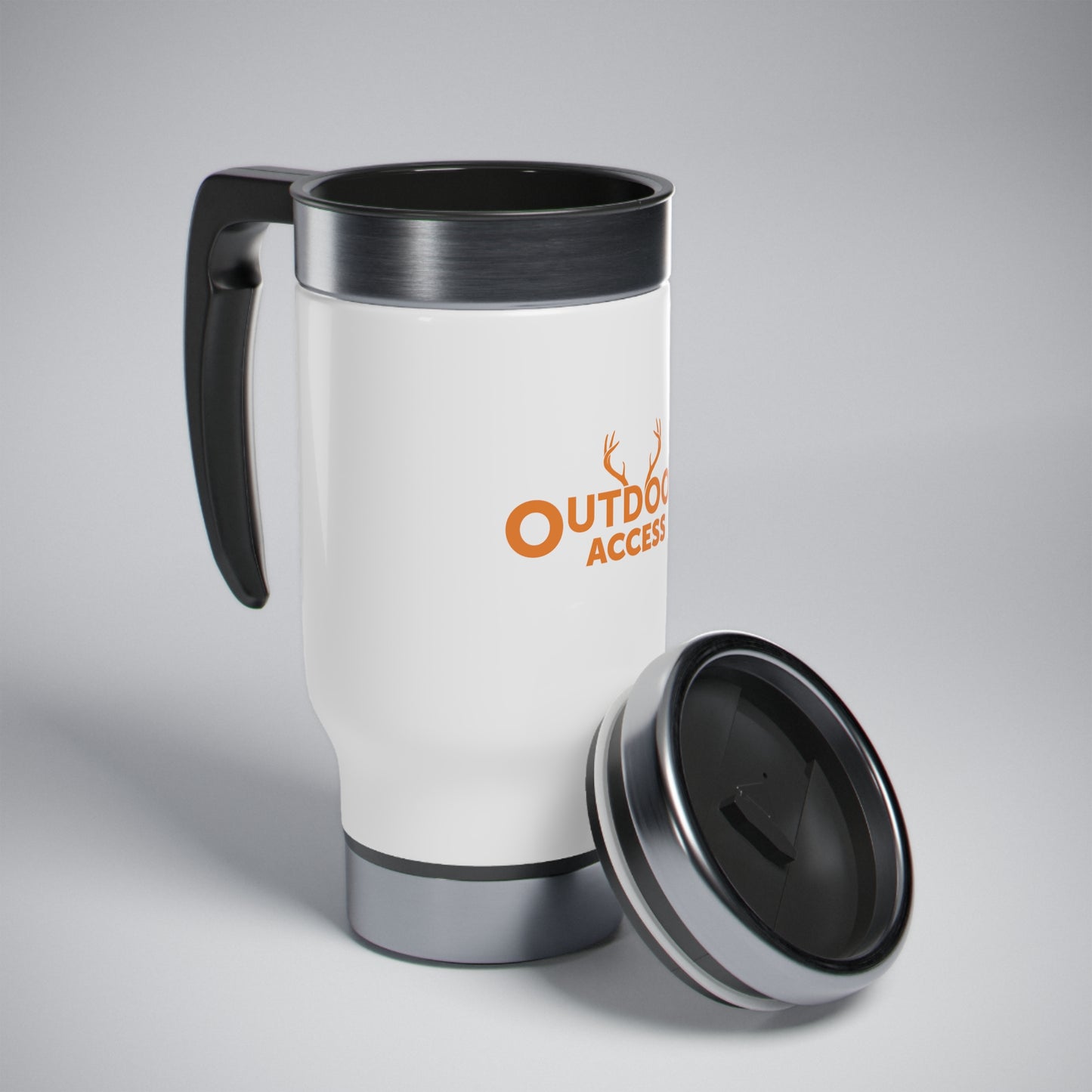 Stainless Steel Travel Mug with Handle, 14oz, with Outdoor Access logo in orange