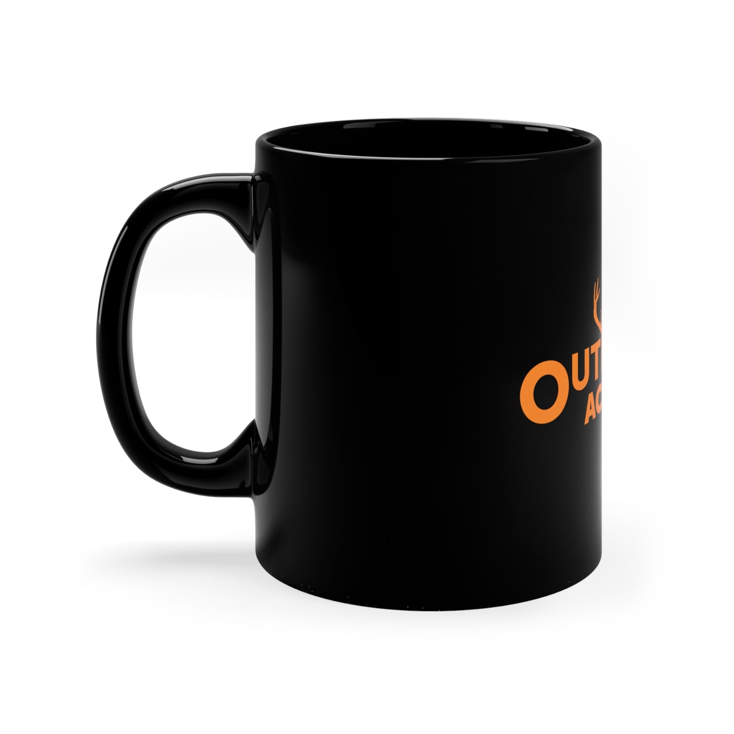 11oz Black Mug with Outdoor Access logo in orange