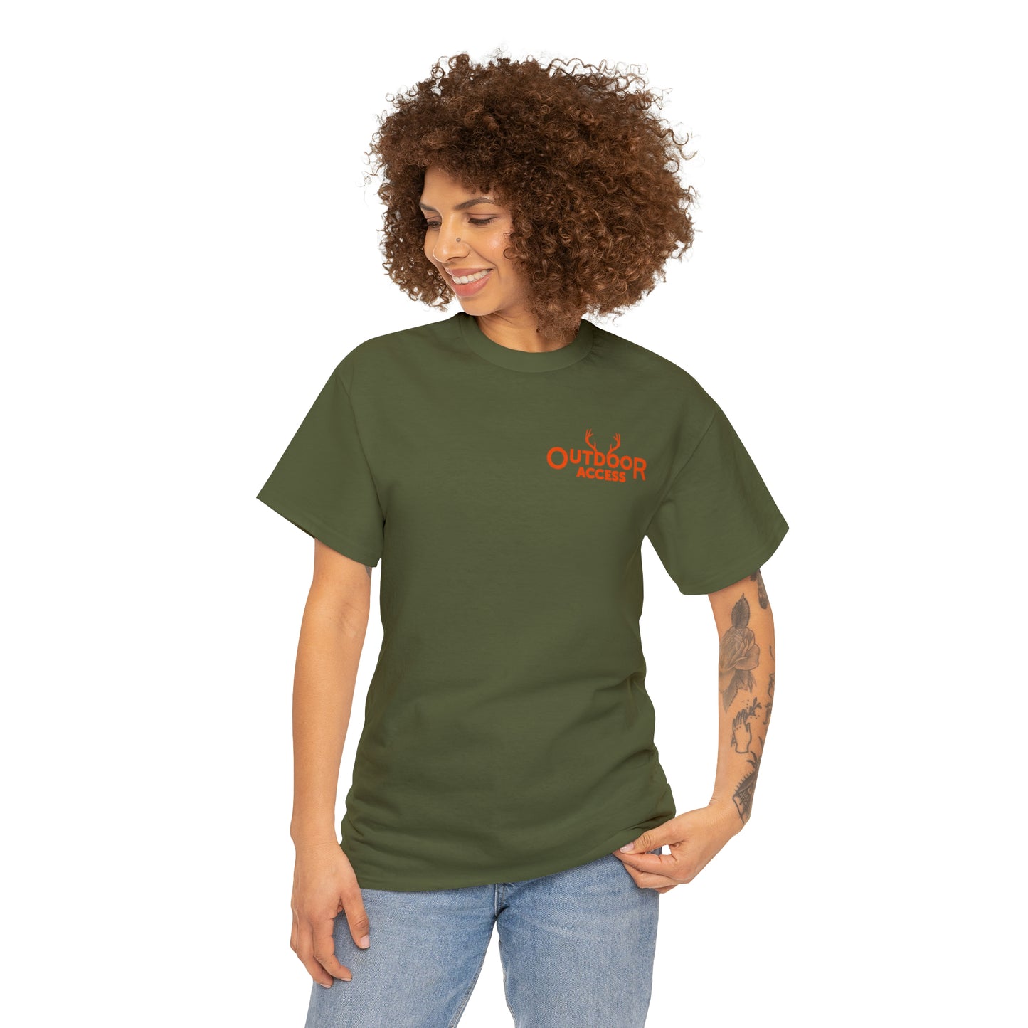 Unisex Heavy Cotton Tee with Outdoor Access logo printed in orange on front and back