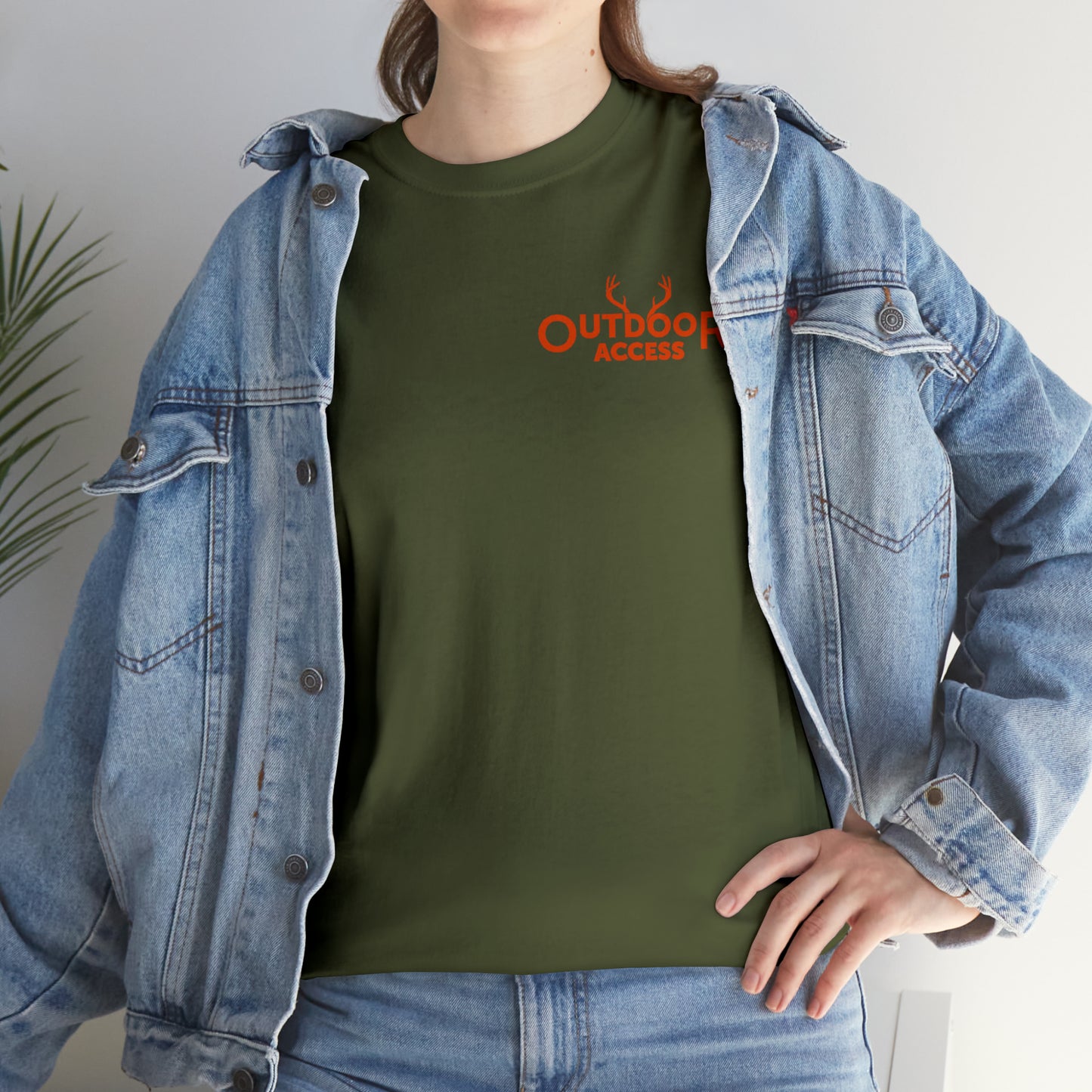 Unisex Heavy Cotton Tee with Outdoor Access logo printed in orange on front and back