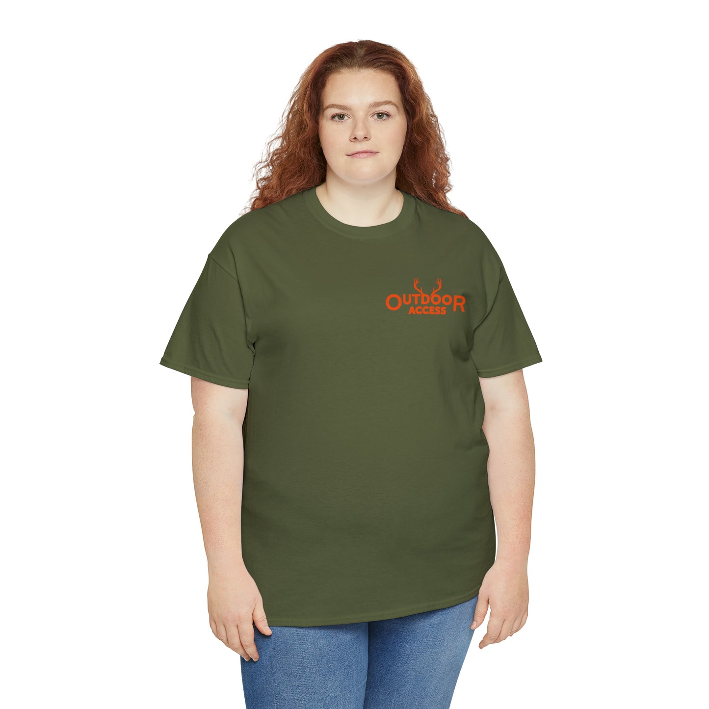 Unisex Heavy Cotton Tee with Outdoor Access logo printed in orange on front and back