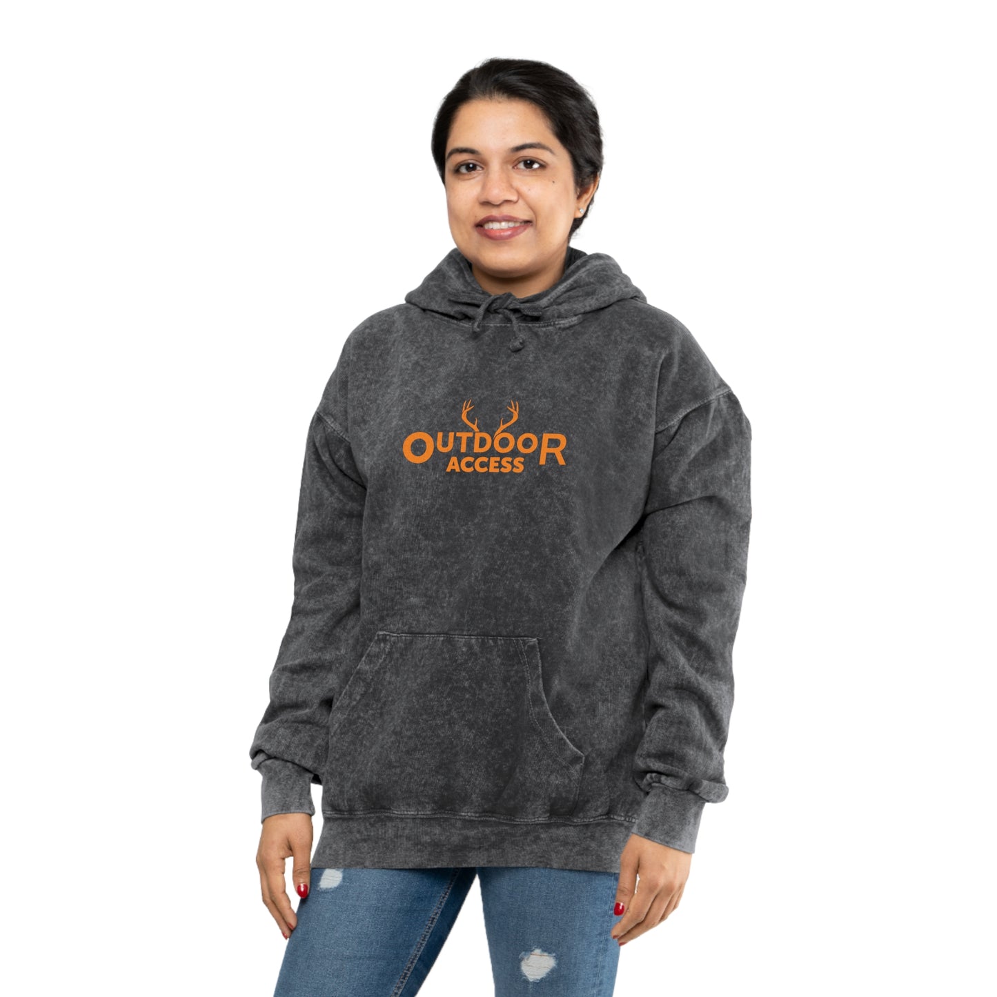 Unisex Mineral Wash Hoodie with Outdoor Access logo in orange on front and back