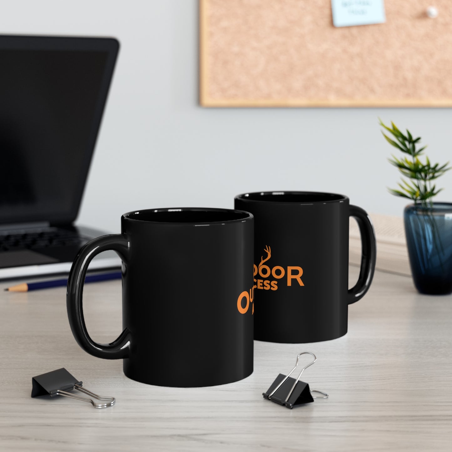 11oz Black Mug with Outdoor Access logo in orange