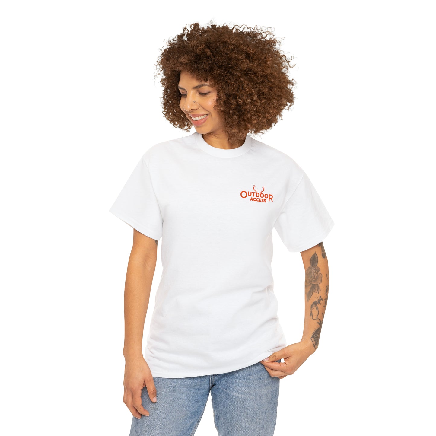 Unisex Heavy Cotton Tee with Outdoor Access logo printed in orange on front and back