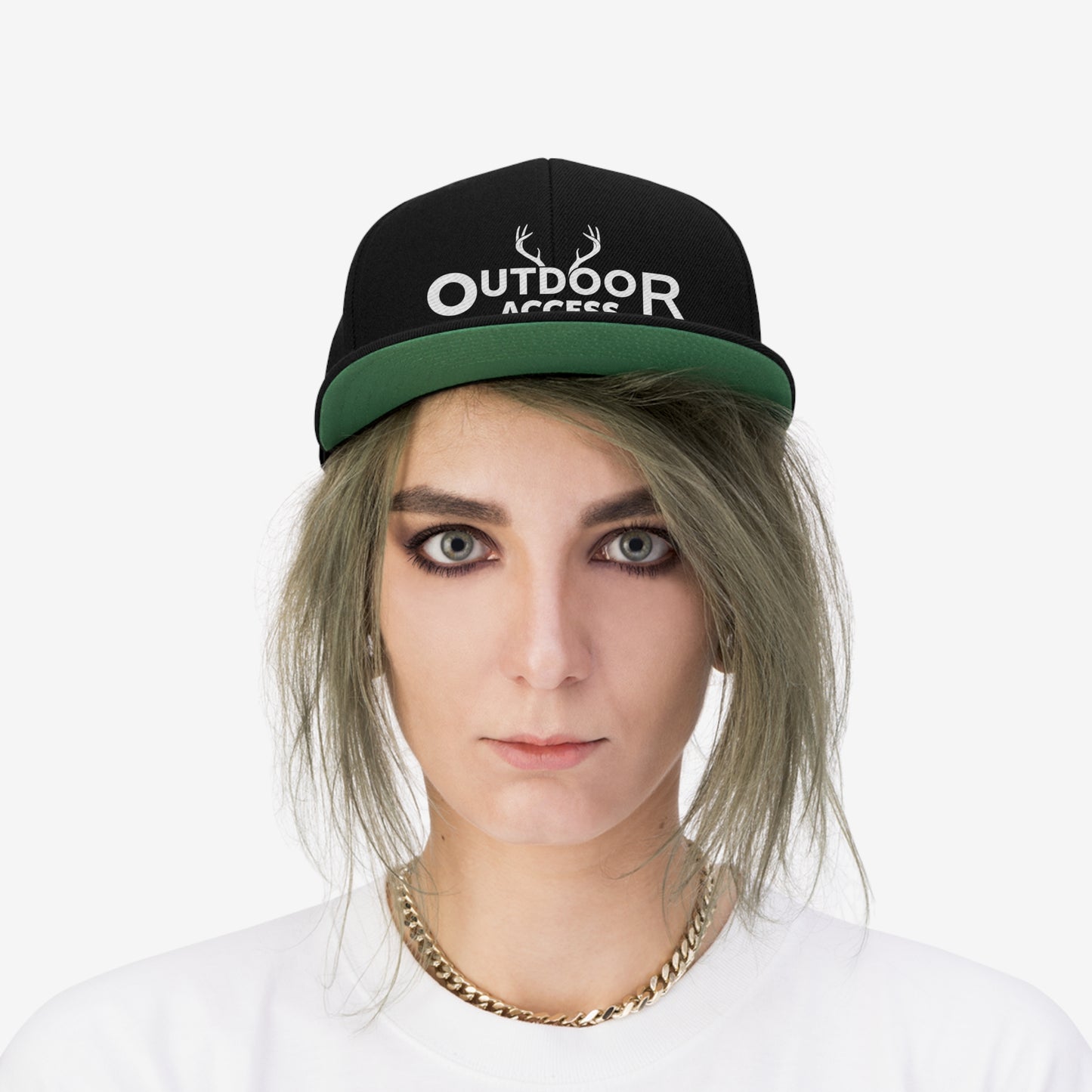 Unisex Flat Bill Hat with Outdoor Access logo printed in white