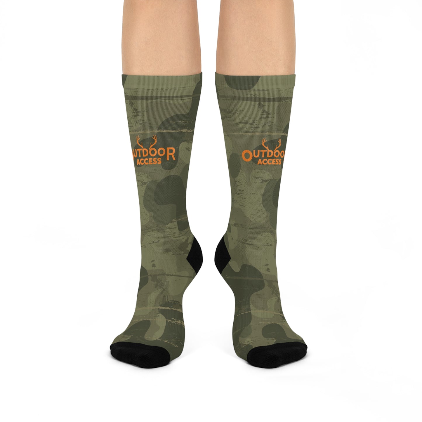 Cushioned Crew Socks- Camo with Orange Logo