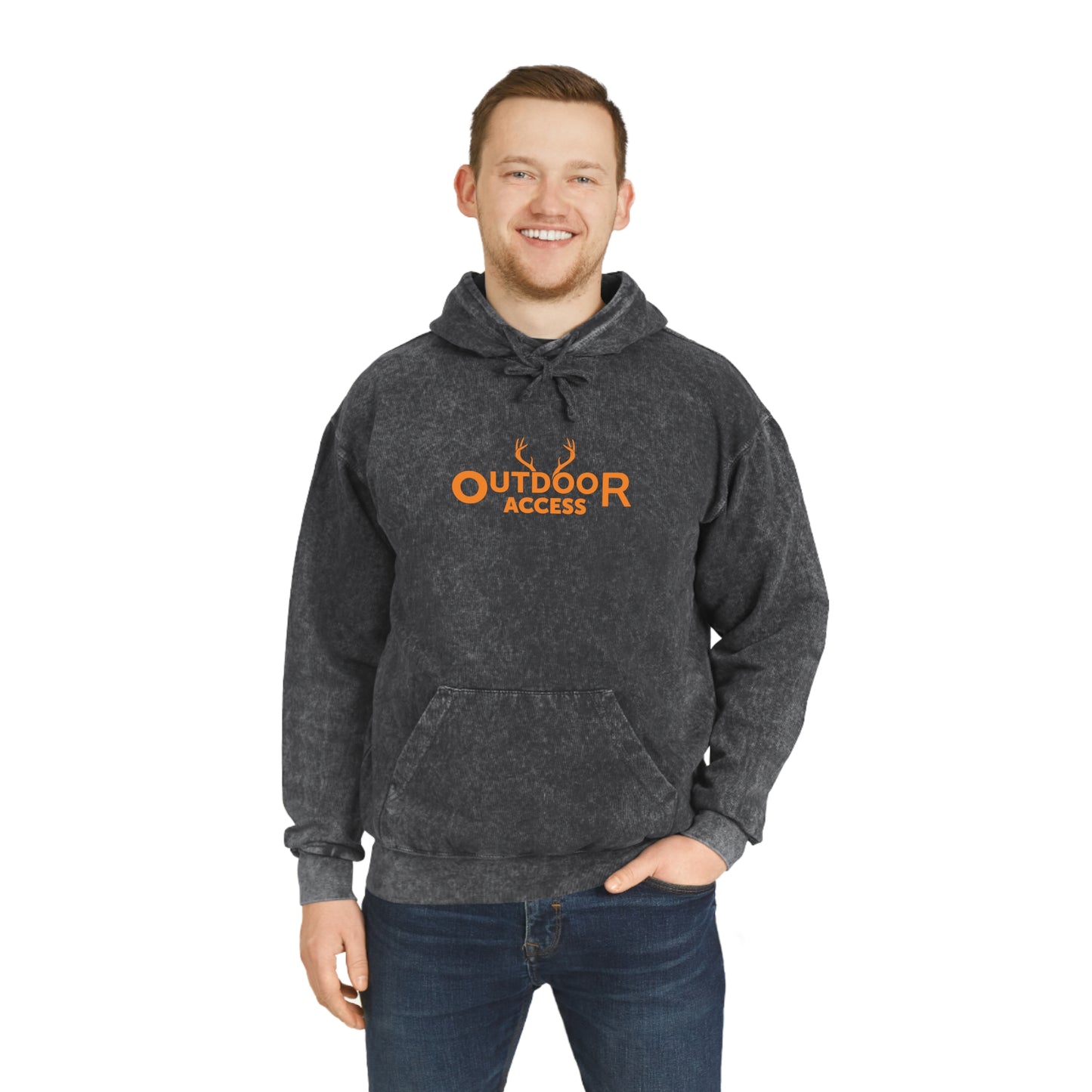 Unisex Mineral Wash Hoodie with Outdoor Access logo in orange on front and back