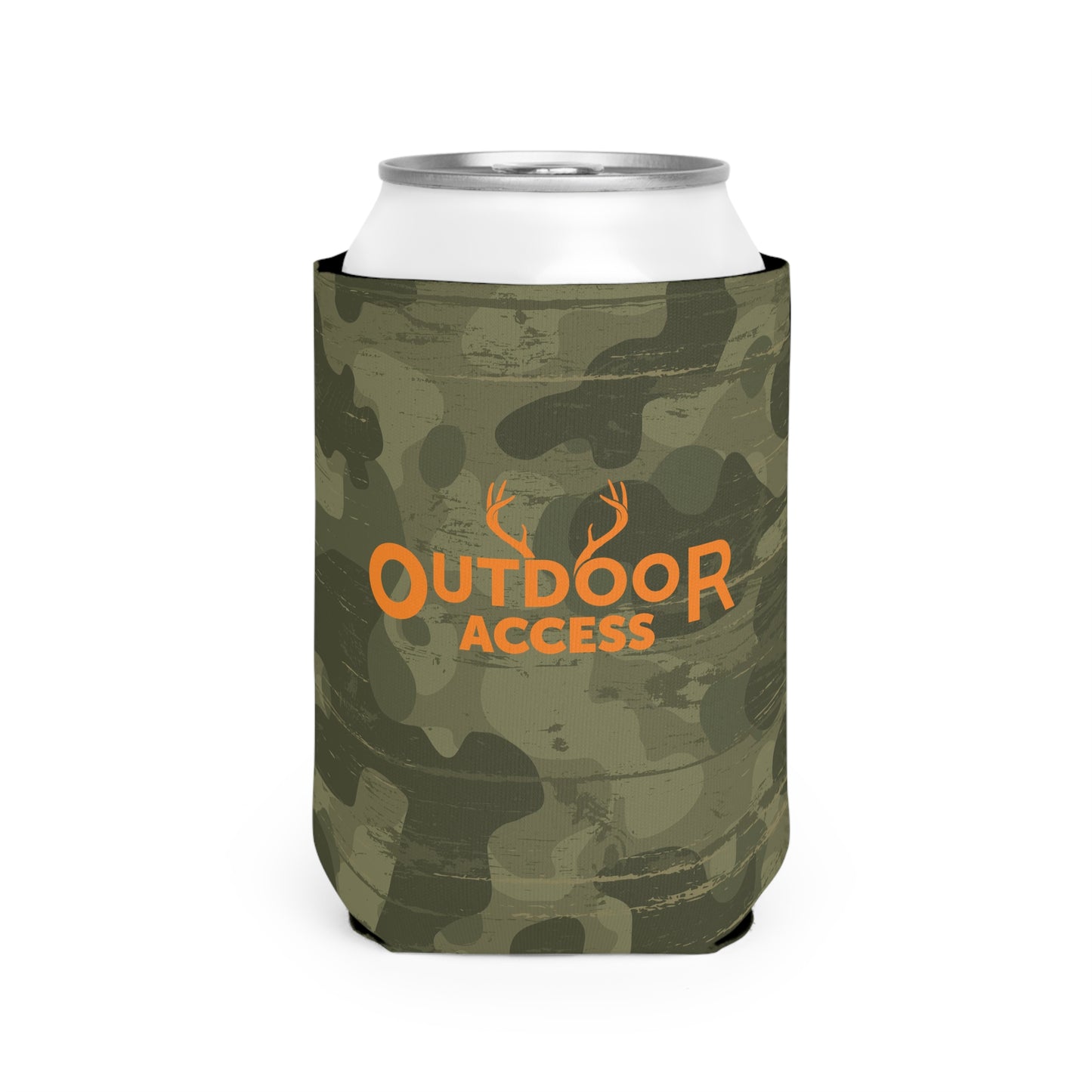 Can Cooler Sleeve- Camo with Orange Logo