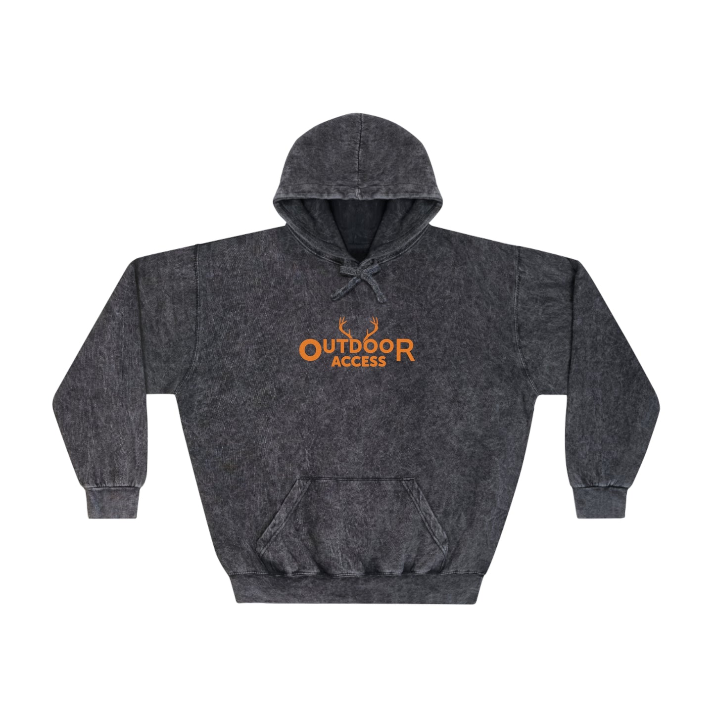 Unisex Mineral Wash Hoodie with Outdoor Access logo in orange on front and back