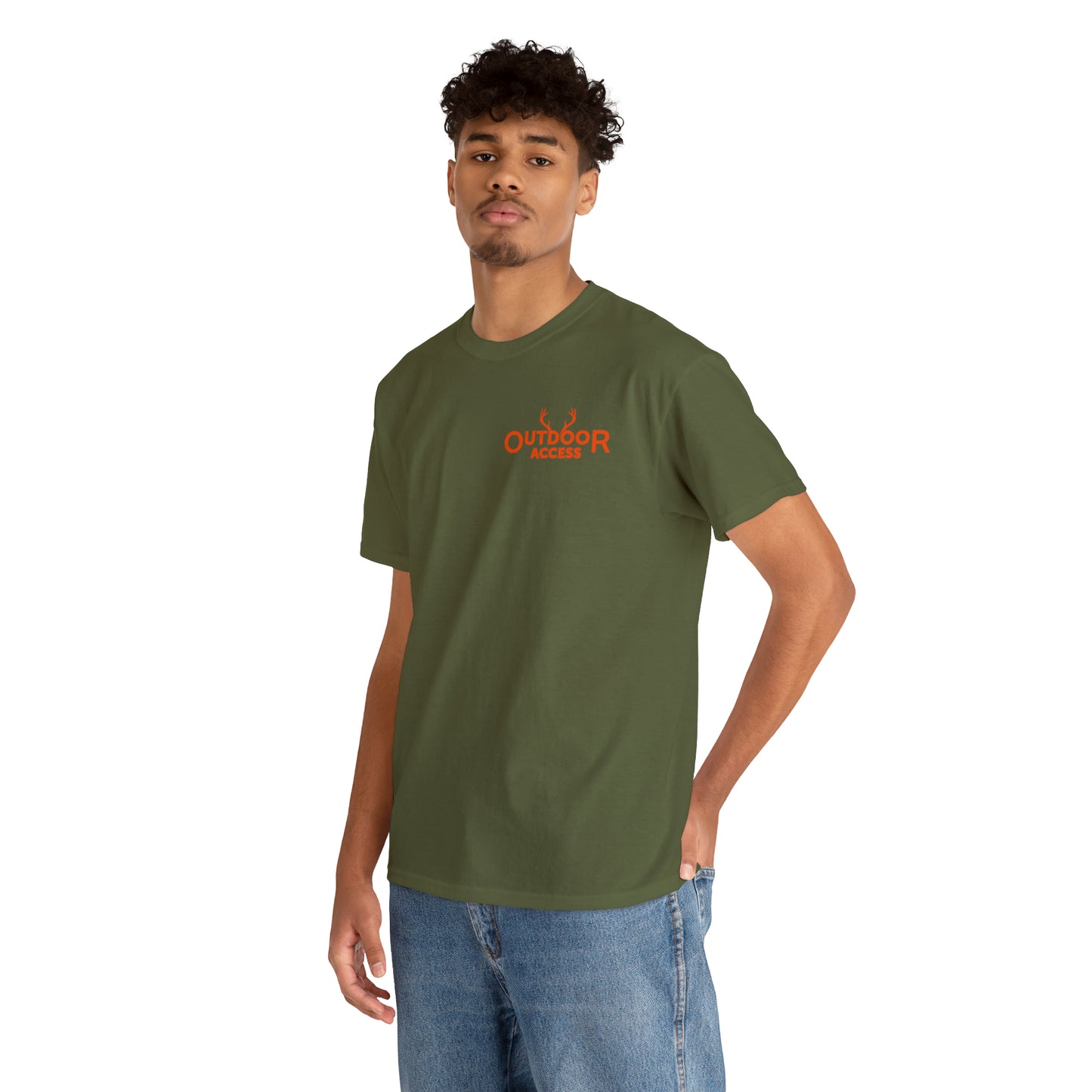 Unisex Heavy Cotton Tee with Outdoor Access logo printed in orange on front and back