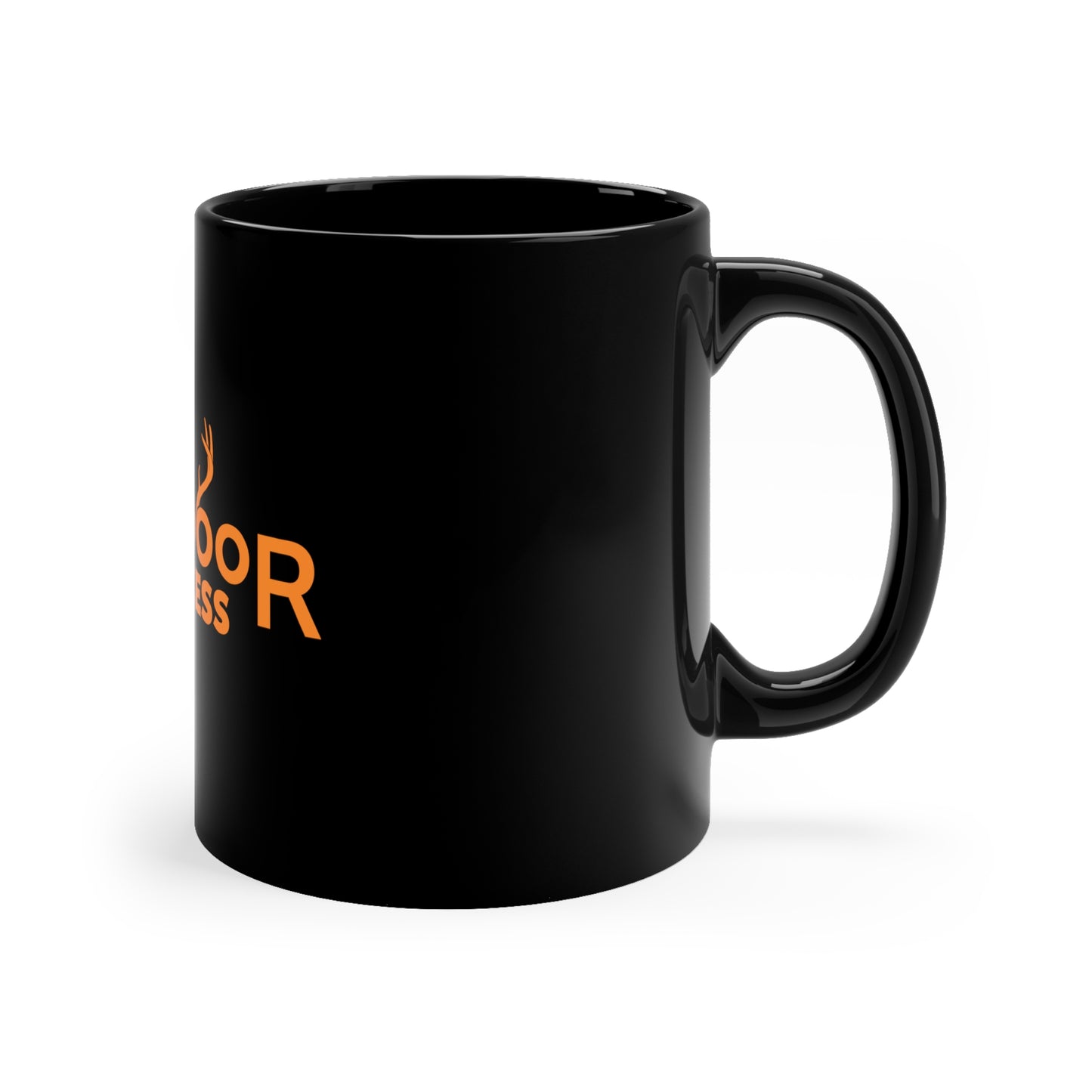 11oz Black Mug with Outdoor Access logo in orange