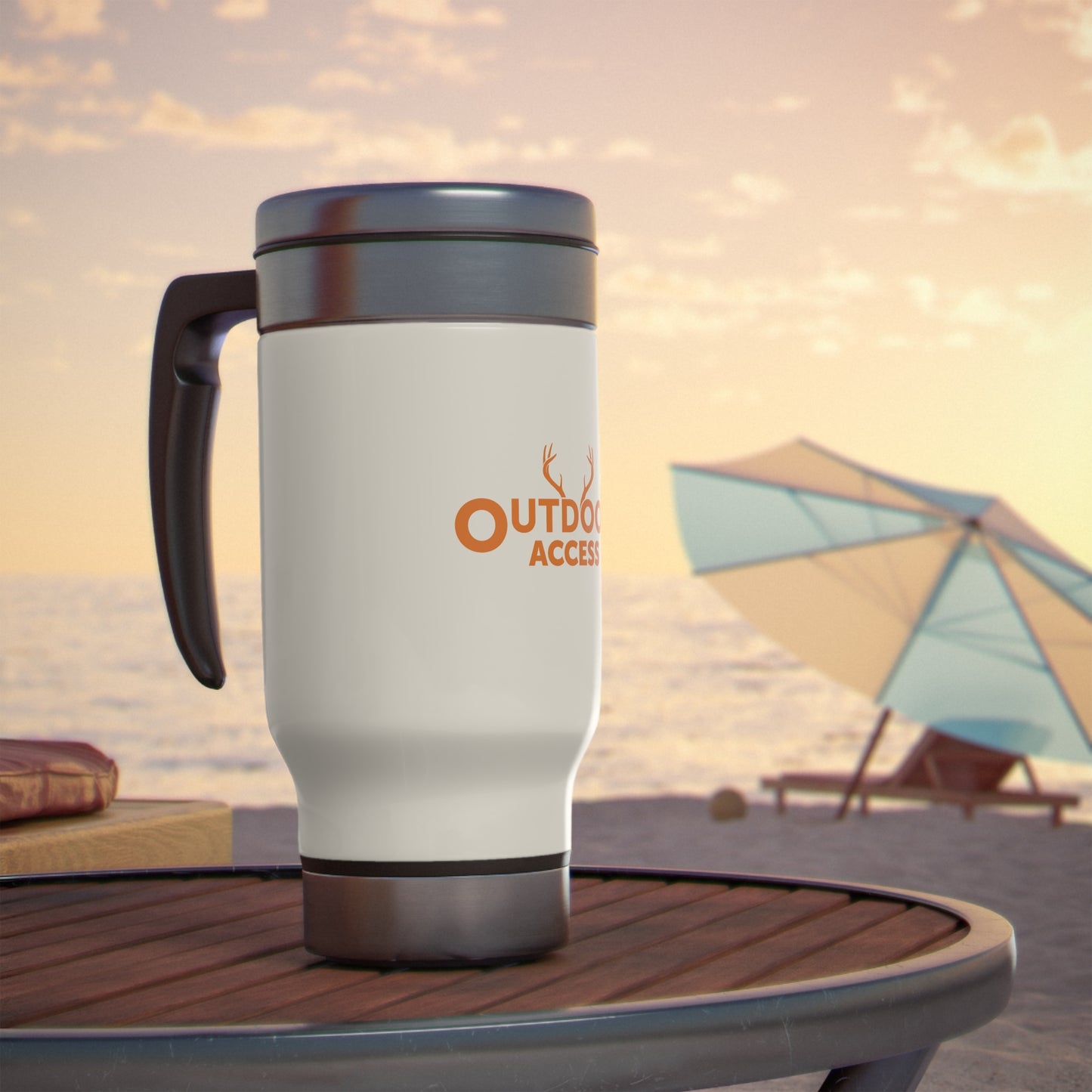 Stainless Steel Travel Mug with Handle, 14oz, with Outdoor Access logo in orange