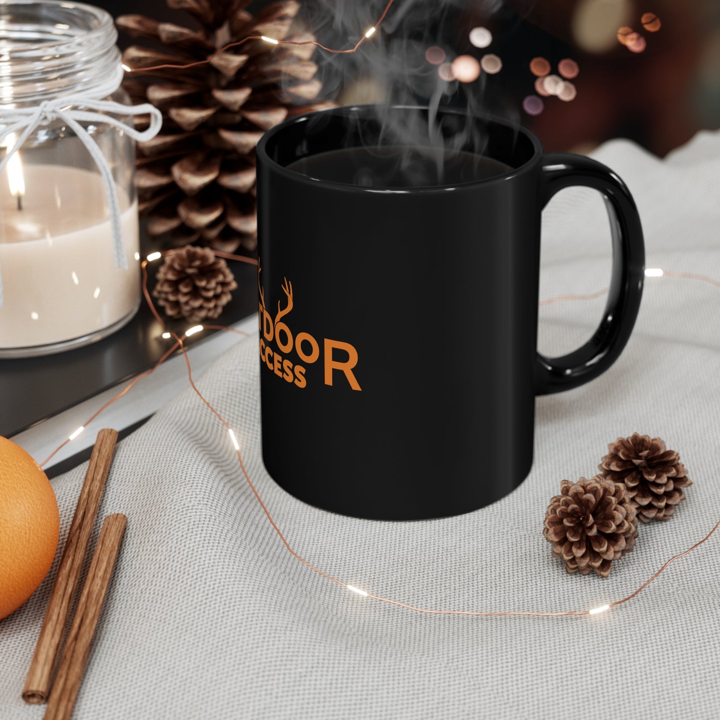 11oz Black Mug with Outdoor Access logo in orange