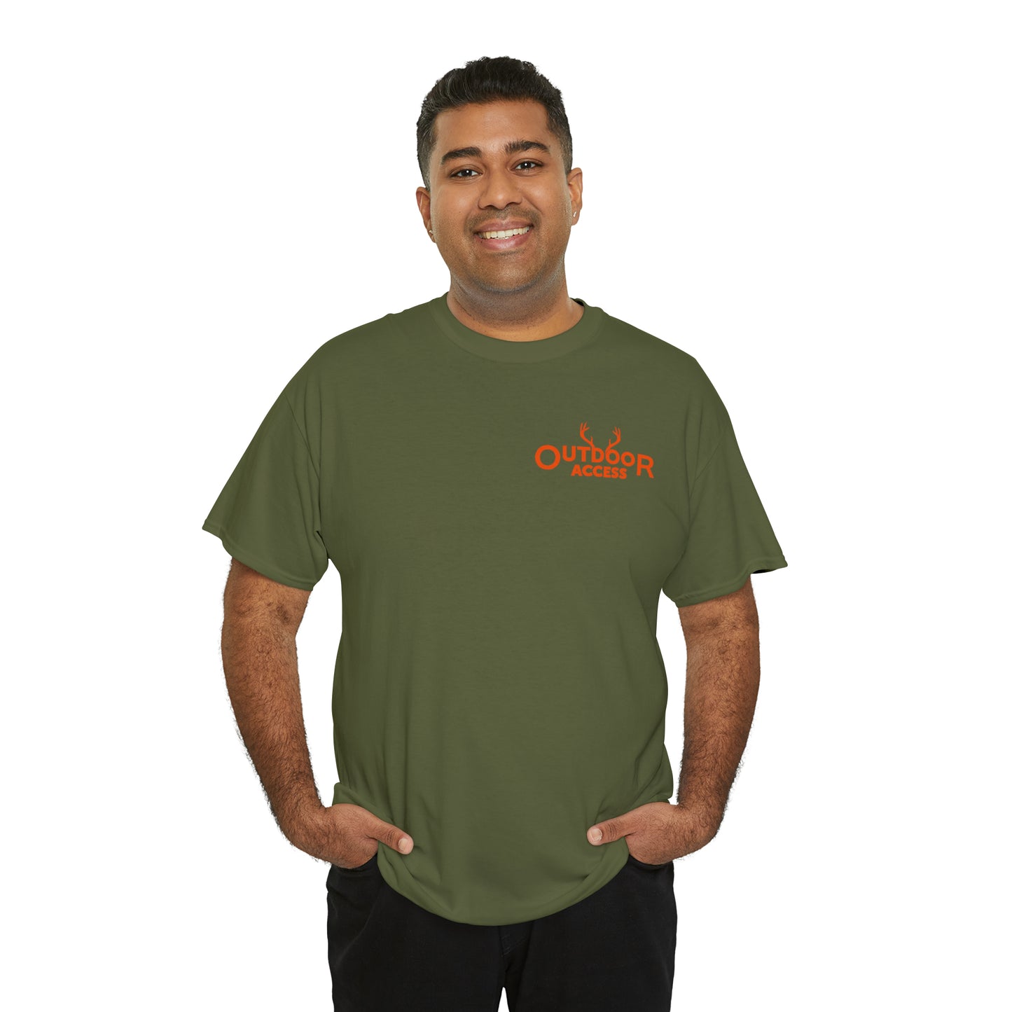 Unisex Heavy Cotton Tee with Outdoor Access logo printed in orange on front and back