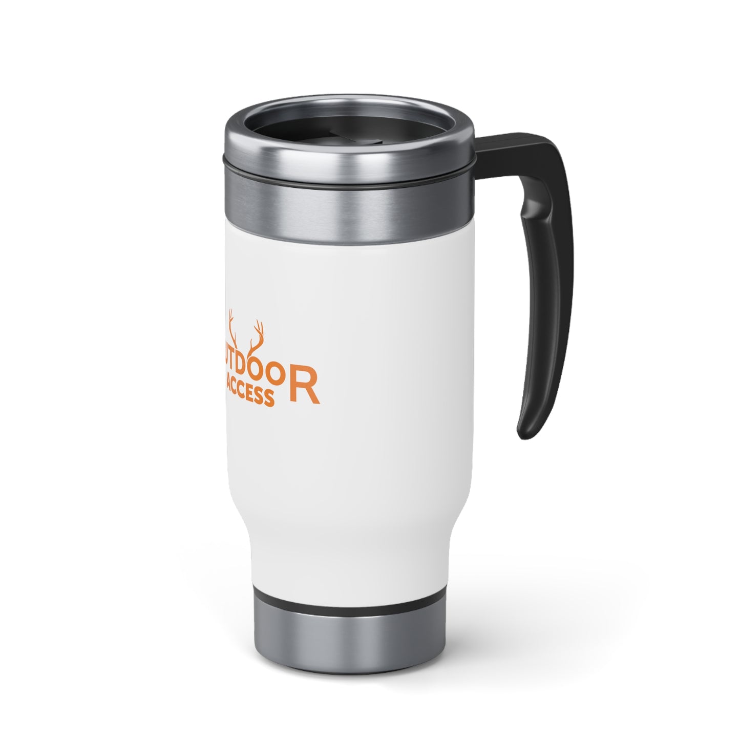 Stainless Steel Travel Mug with Handle, 14oz, with Outdoor Access logo in orange