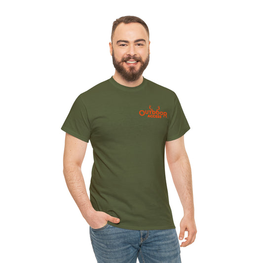 Unisex Heavy Cotton Tee with Outdoor Access logo printed in orange on front and back