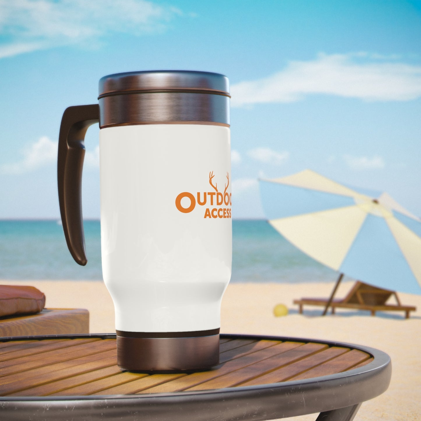 Stainless Steel Travel Mug with Handle, 14oz, with Outdoor Access logo in orange