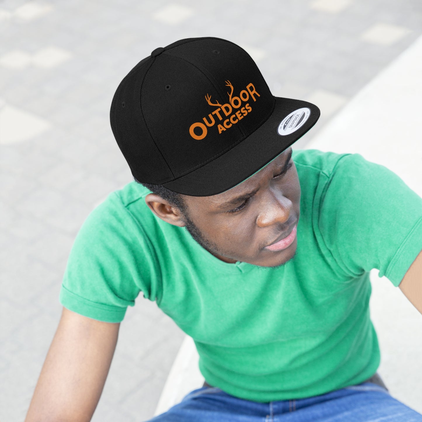 Unisex Flat Bill Hat with Outdoor Access logo printed in orange