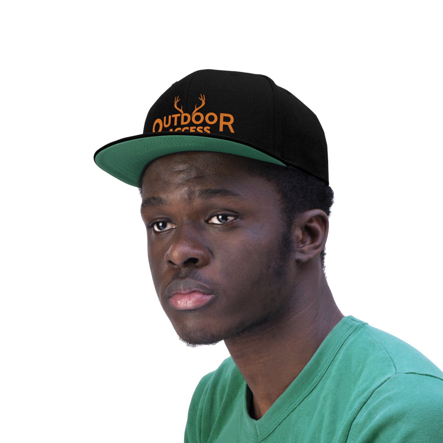 Unisex Flat Bill Hat with Outdoor Access logo printed in orange