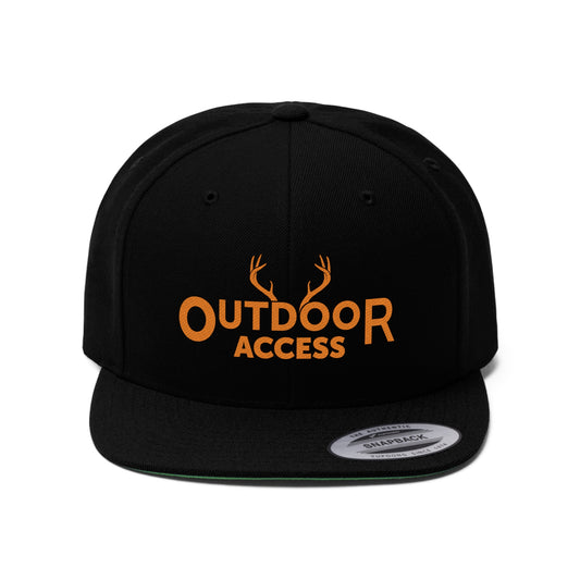 Unisex Flat Bill Hat with Outdoor Access logo printed in orange