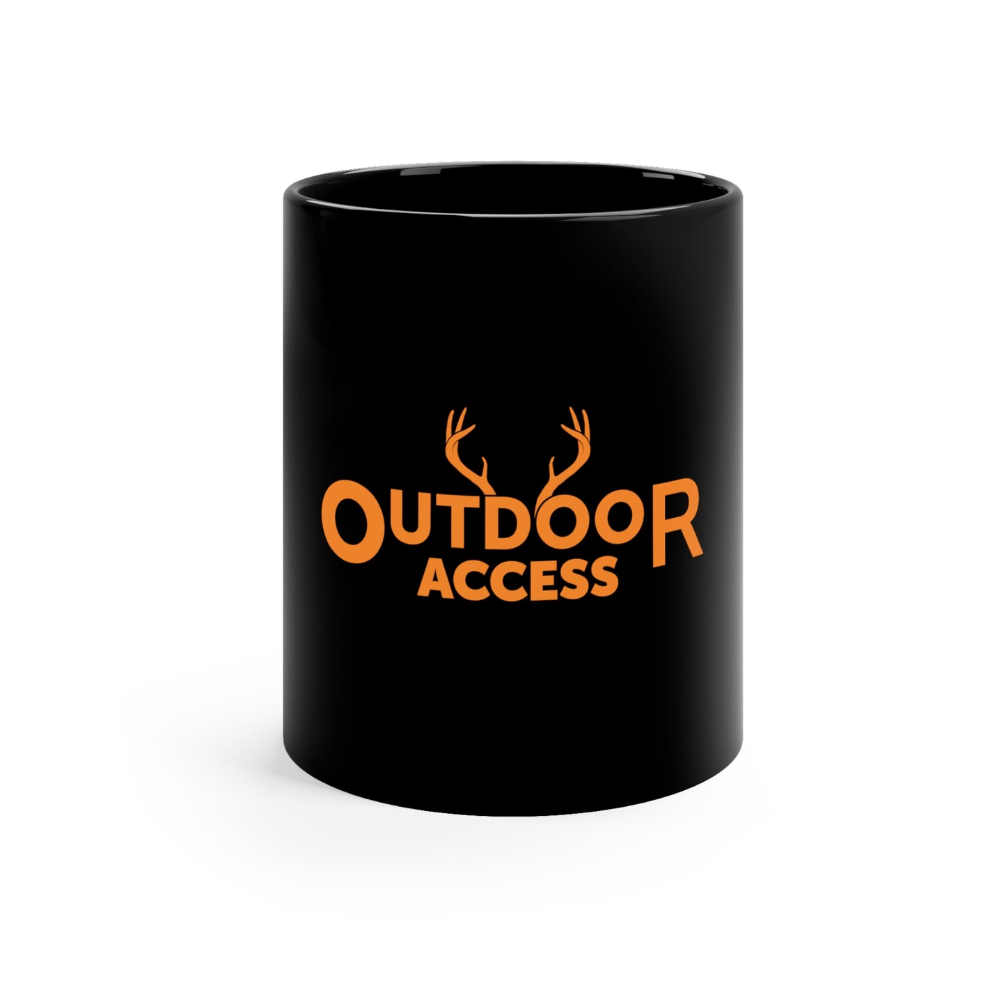 11oz Black Mug with Outdoor Access logo in orange