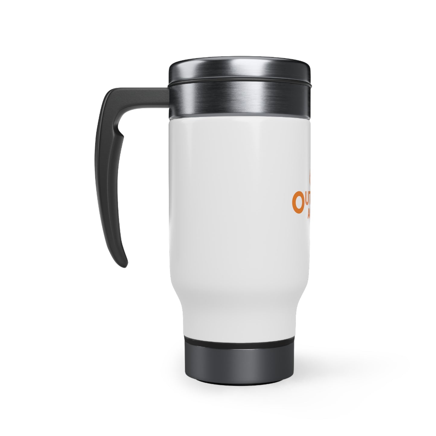 Stainless Steel Travel Mug with Handle, 14oz, with Outdoor Access logo in orange