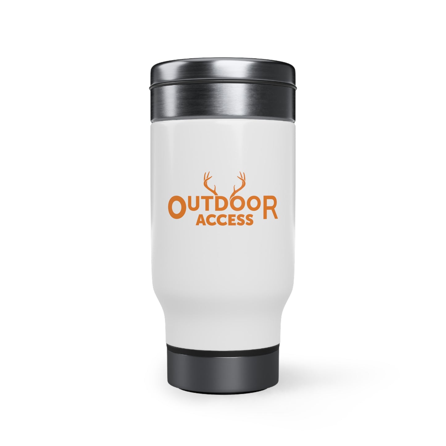 Stainless Steel Travel Mug with Handle, 14oz, with Outdoor Access logo in orange