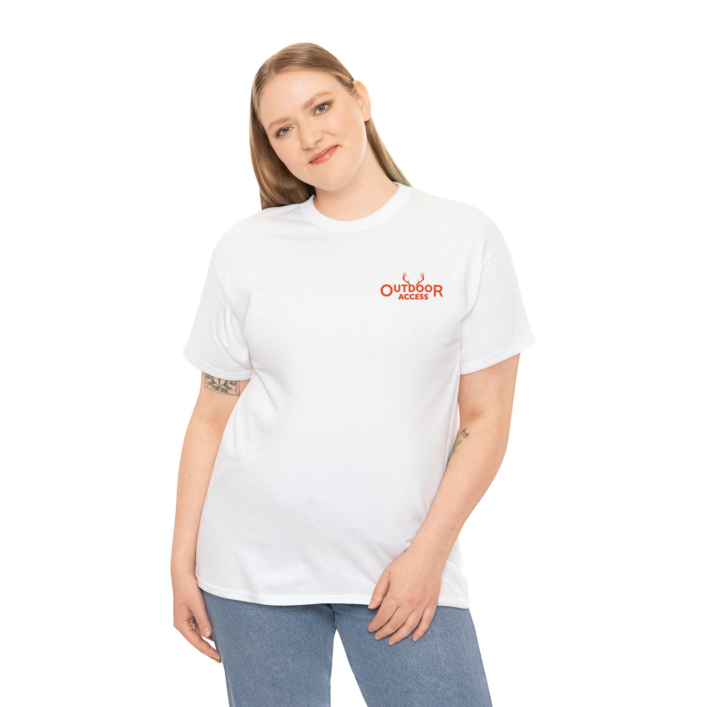 Unisex Heavy Cotton Tee with Outdoor Access logo printed in orange on front and back