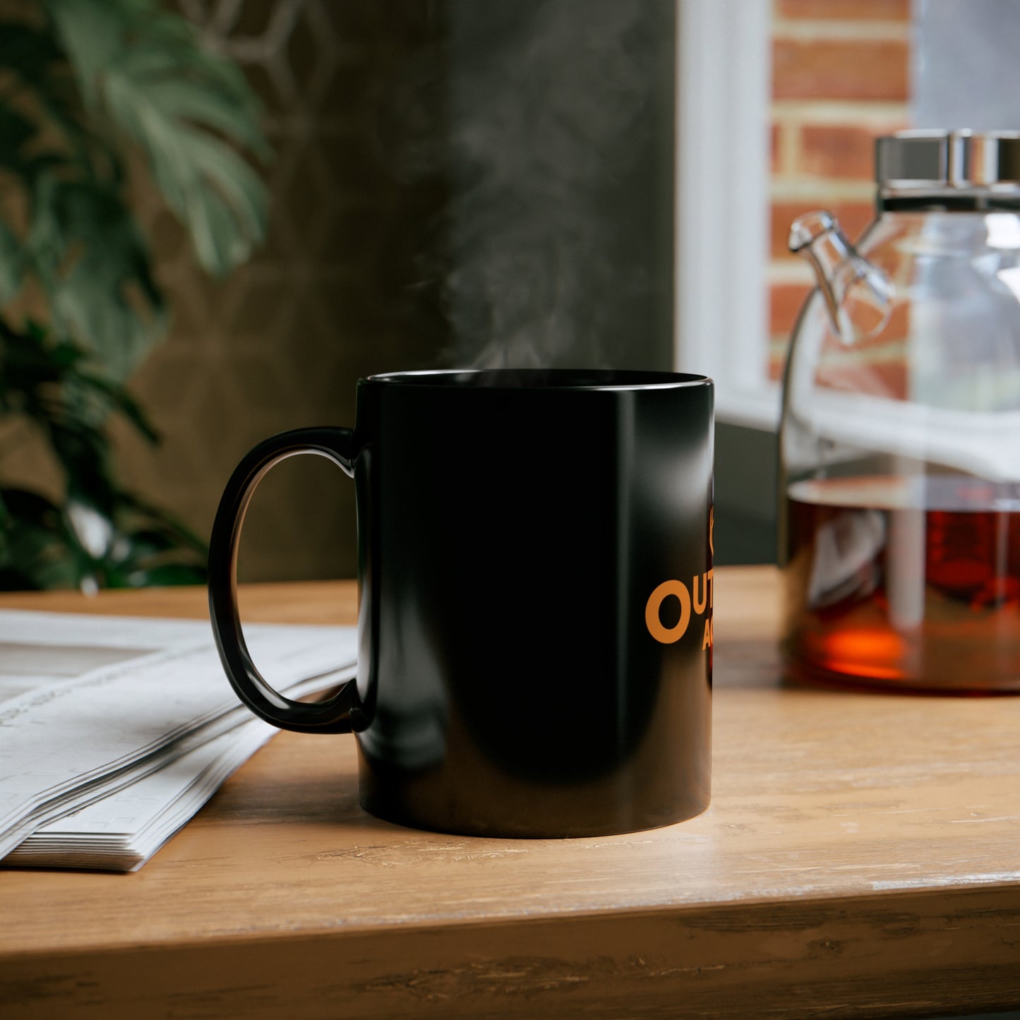 11oz Black Mug with Outdoor Access logo in orange